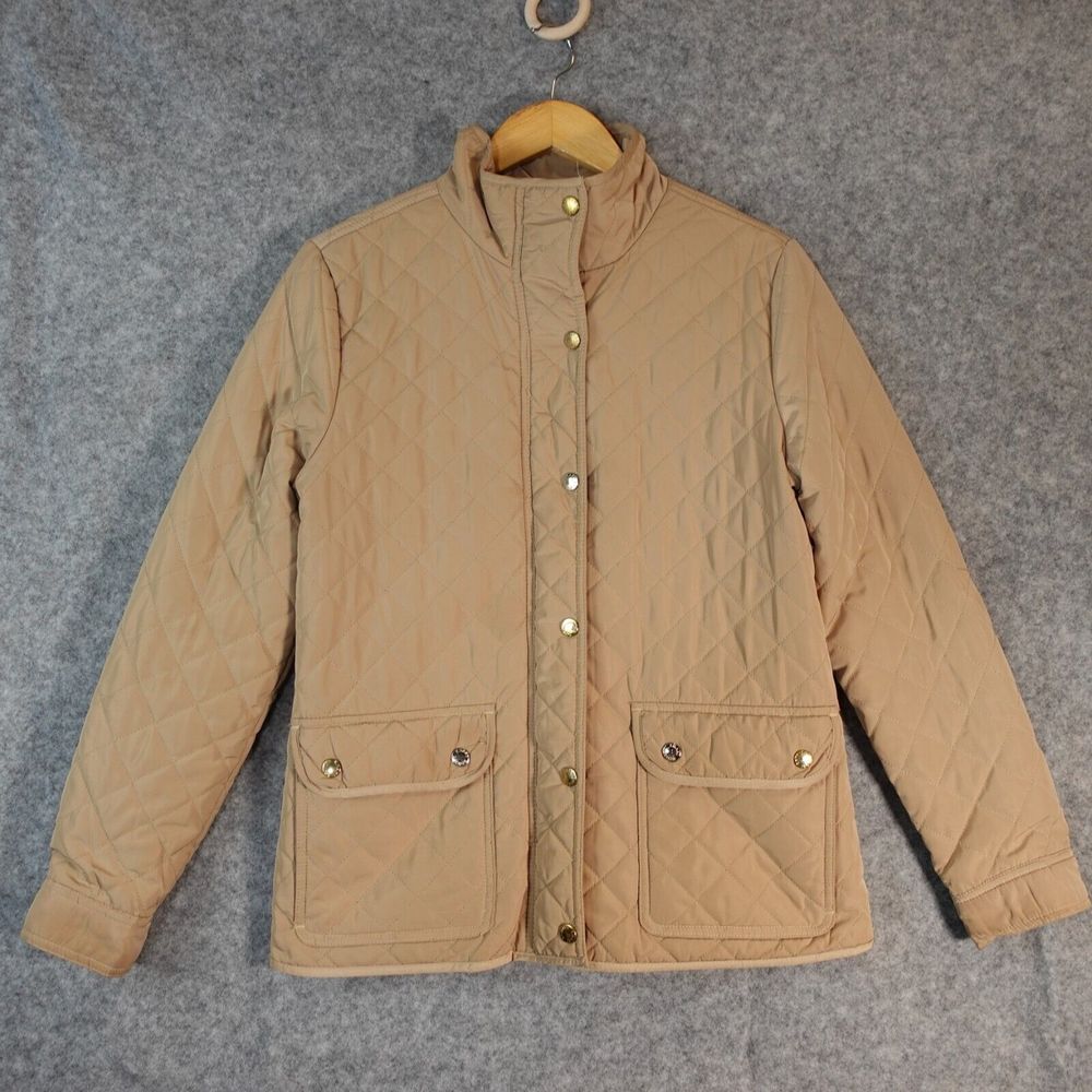 Womens Beige Barn Quilted Jacket Small Full Zip Button Tartan Line BRITISH KHAKI